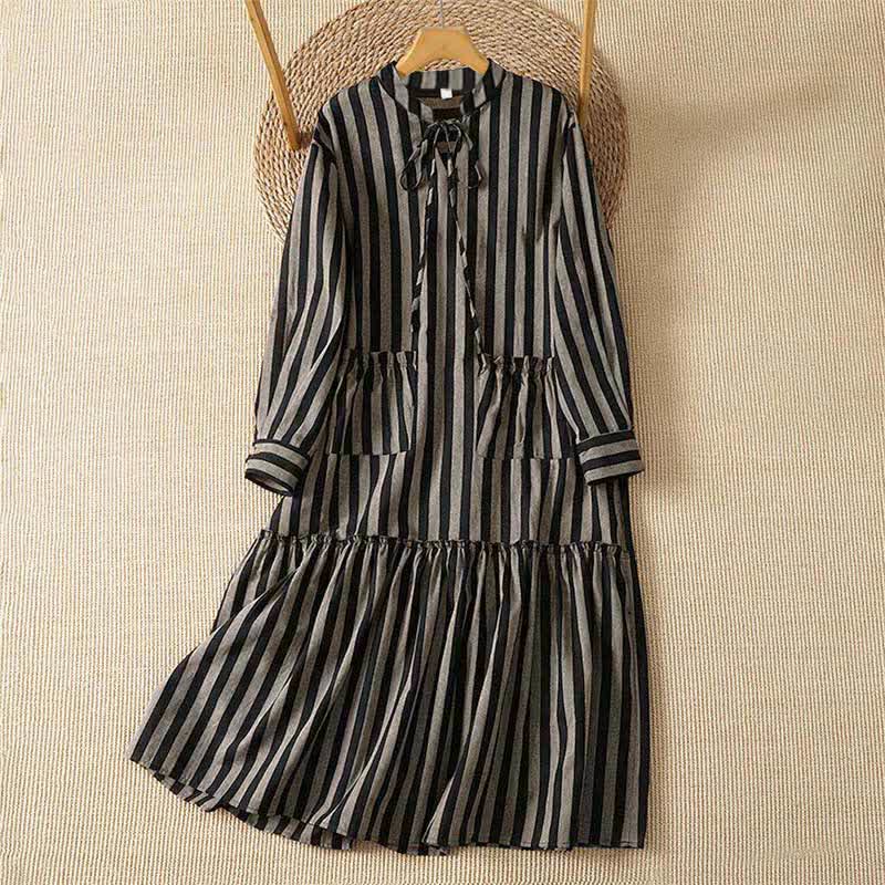 Buddha Stones Fall Casual Vintage Tang Style Mandarin Collar Drawstring Striped Women's Long Sleeve Dress With Pockets - DimGray - US12，UK/AU16，EU44 (2XL) - image 0