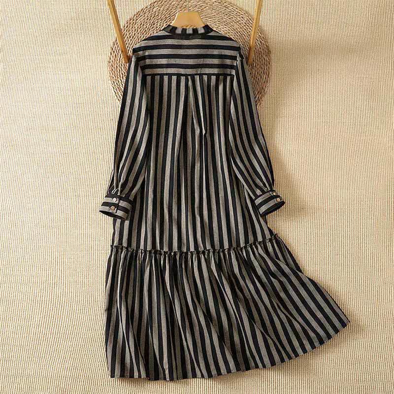 Buddha Stones Fall Casual Vintage Tang Style Mandarin Collar Drawstring Striped Women's Long Sleeve Dress With Pockets - image 1