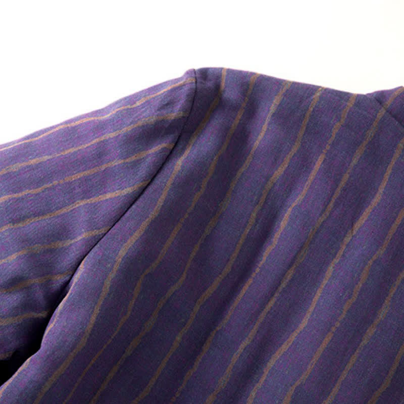 Buddha Stones Winter Casual Tang Style Frog Button Purple Striped Women's Jacket With Pockets - image 3