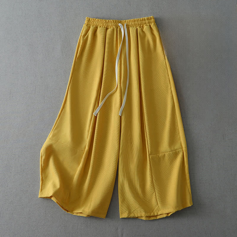 Buddha Stones Spring Summer Casual Drawstring Solid Capri Pants Women's Wide Leg Pants With Pocket - Gold - US6, UK/AU10, EU38 (XL) - image 0