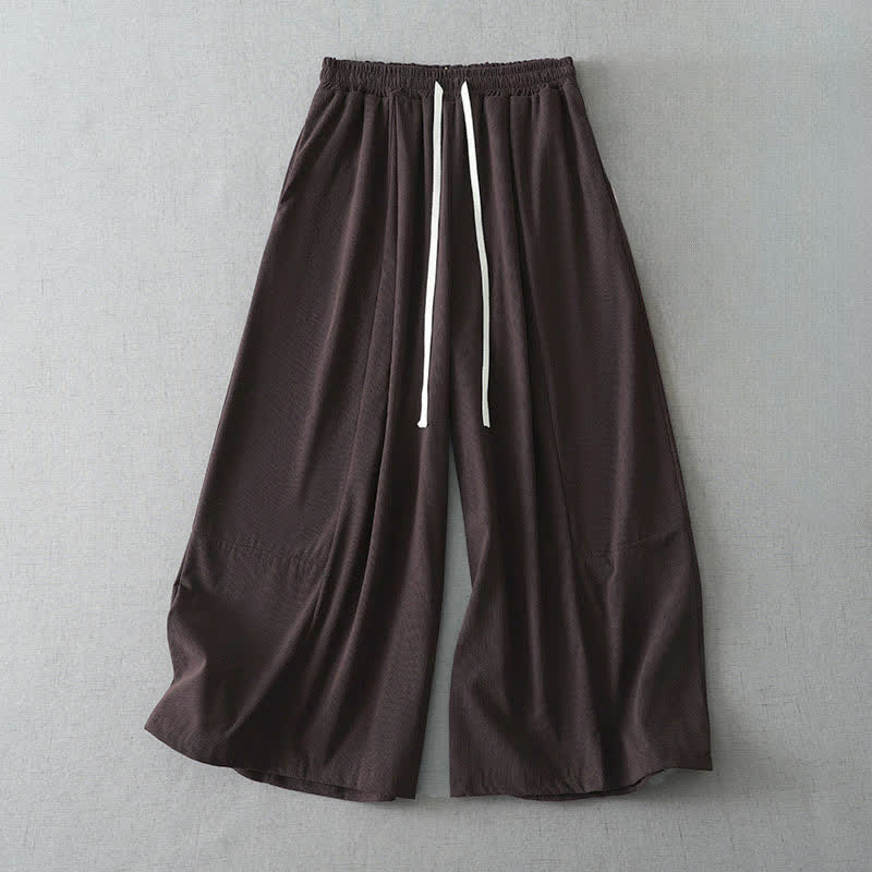 Buddha Stones Spring Summer Casual Drawstring Solid Capri Pants Women's Wide Leg Pants With Pocket - SaddleBrown - US6, UK/AU10, EU38 (XL) - image 4