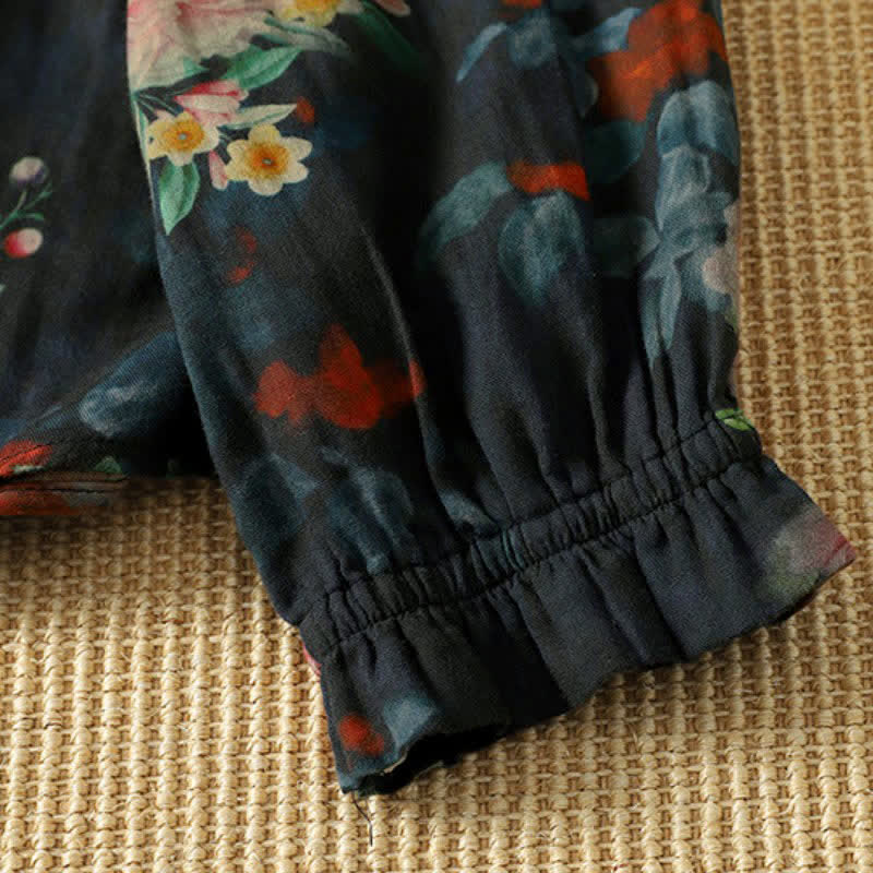 Buddha Stones Fall Elegant Vintage Tang Style Button-Up Mandarin Collar Floral Women's Long Sleeve Shirts - image 2