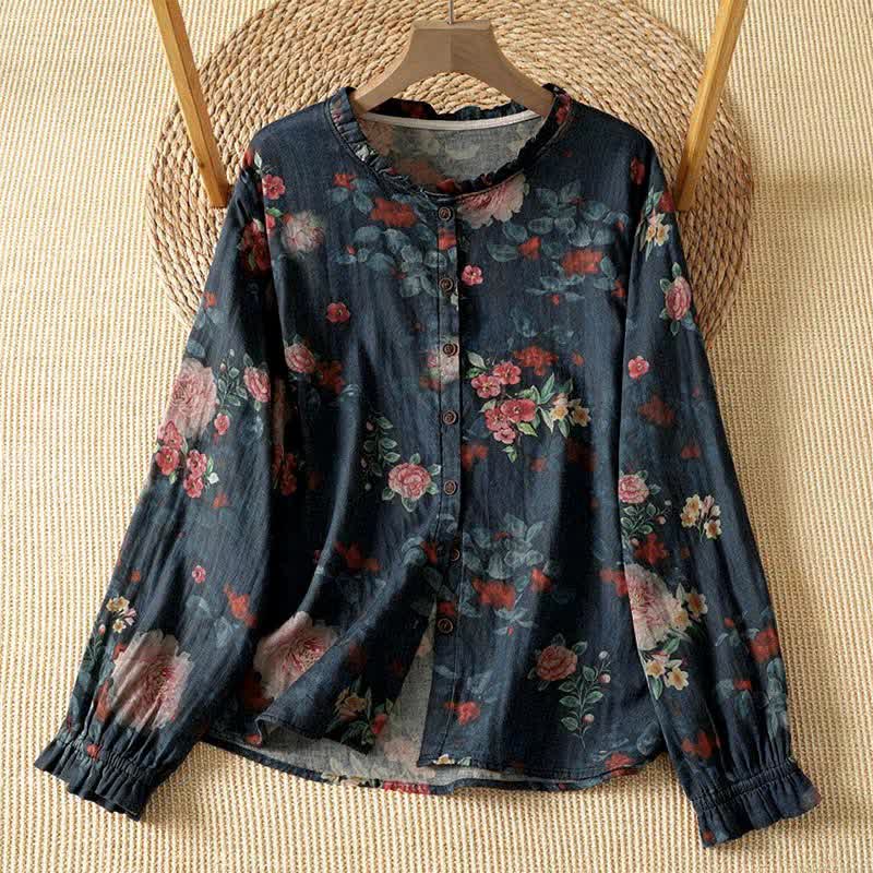 Buddha Stones Fall Elegant Vintage Tang Style Button-Up Mandarin Collar Floral Women's Long Sleeve Shirts - Black - US4-8/10, UK/AU8-12/14, EU36-40/42 (F) - image 0