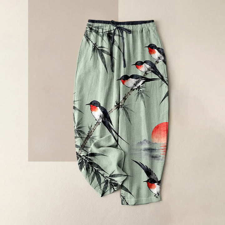 Buddha Stones Pure Cotton Oriental Bird Bamboo Pattern Women's Elastic Waist Pants With Pockets - Aquamarine - US16，UK/AU20，EU48 (3XL) - image 0