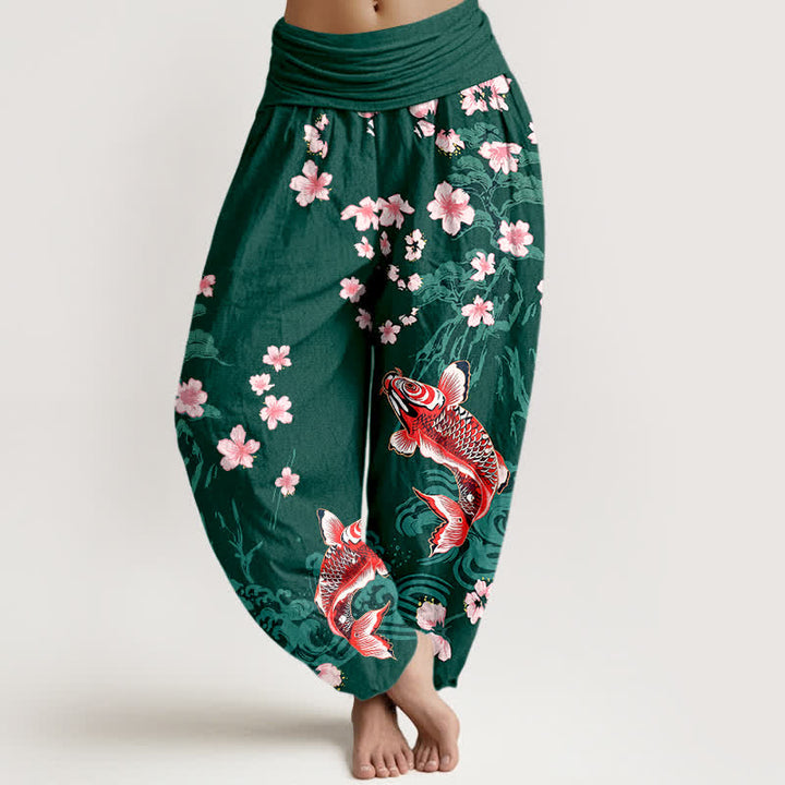 Buddha Stones Cotton Koi Sakura Pattern Women's Elastic Waist Harem Pants - DarkGreen - US16，UK/AU20，EU48 (3XL) - image 0