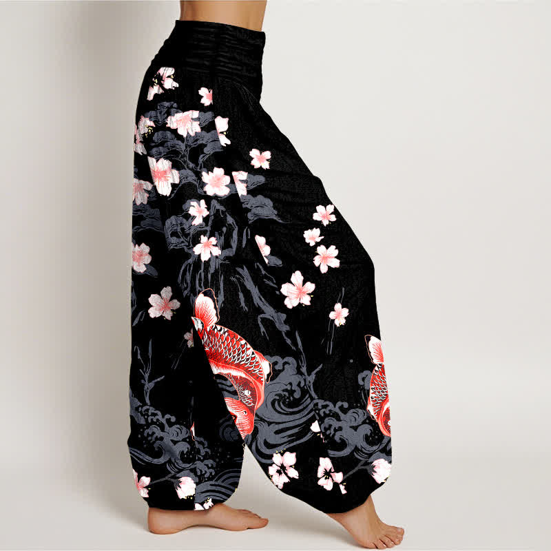 Buddha Stones Cotton Koi Sakura Pattern Women's Elastic Waist Harem Pants - image 6