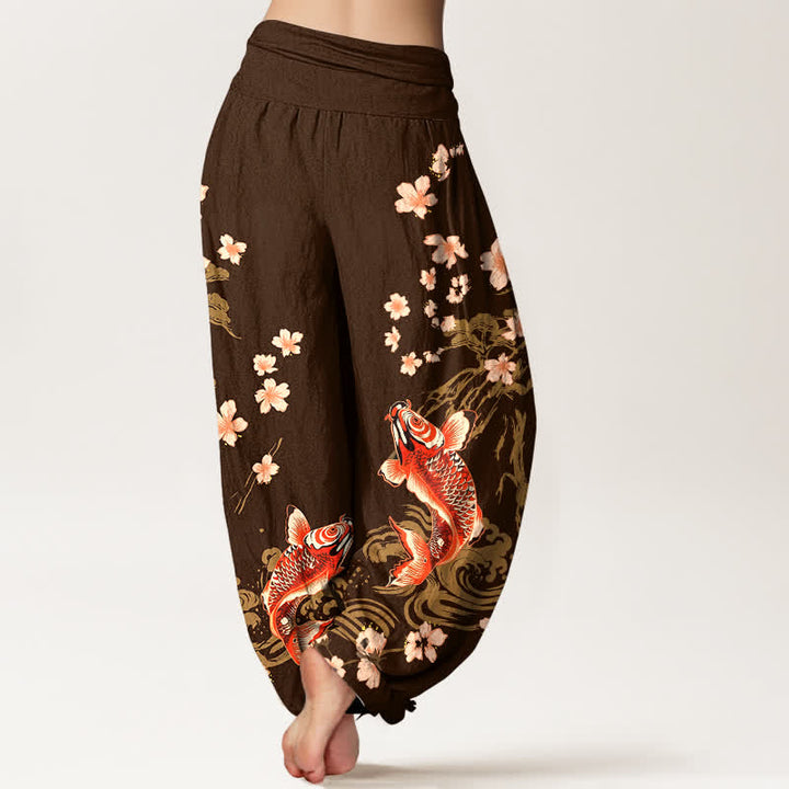 Buddha Stones Cotton Koi Sakura Pattern Women's Elastic Waist Harem Pants - image 10
