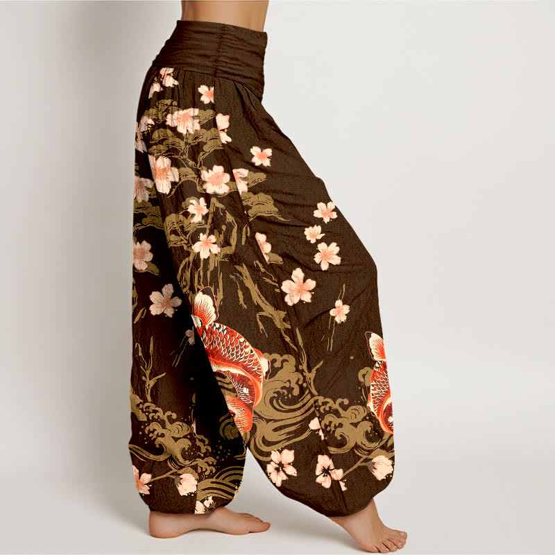 Buddha Stones Cotton Koi Sakura Pattern Women's Elastic Waist Harem Pants - image 9