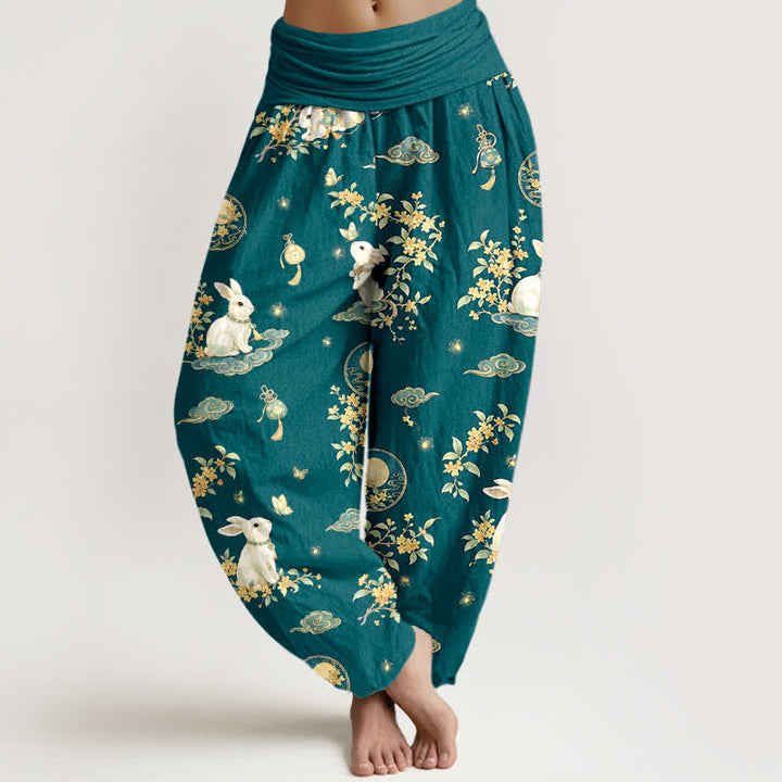 Buddha Stones Cotton Moon Rabbit Floral Pattern Women's Elastic Waist Harem Pants - Teal - US16，UK/AU20，EU48 (3XL) - image 8