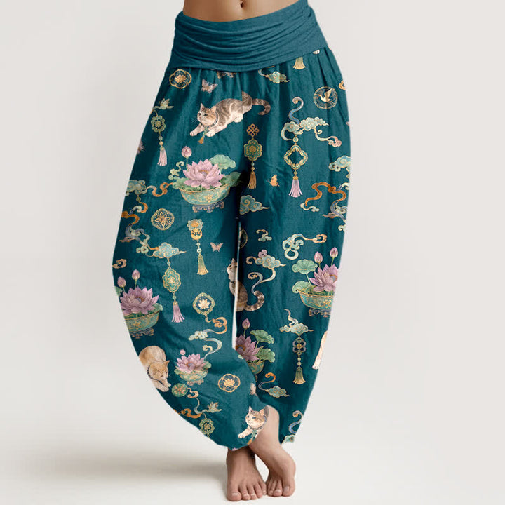 Buddha Stones Cotton Lotus Cat Tassel Pattern Women's Elastic Waist Harem Pants - Teal - US16，UK/AU20，EU48 (3XL) - image 8