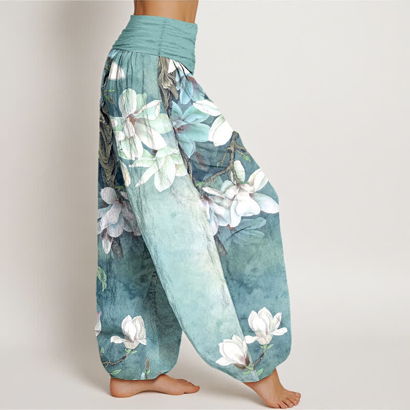 Buddha Stones Cotton White Magnolia Pattern Women's Elastic Waist Harem Pants - image 1