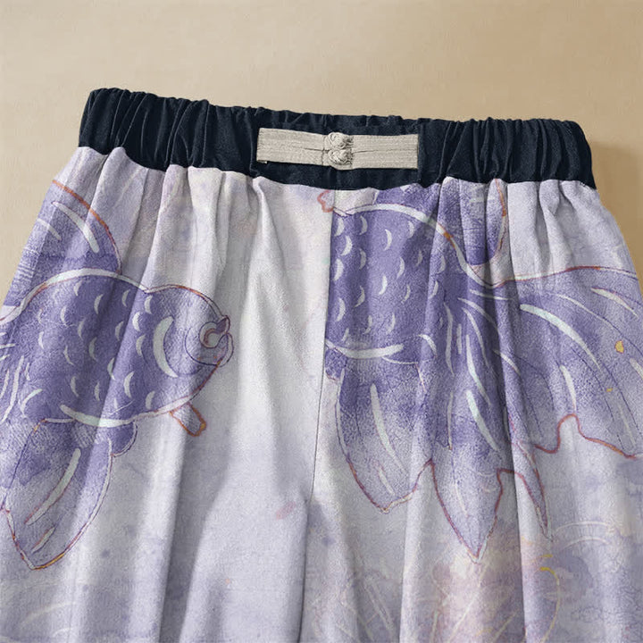 Buddha Stones Pure Cotton Watercolor Goldfish Pattern Frog Button Women's Elastic Waist Harem Pants With Pockets - image 2