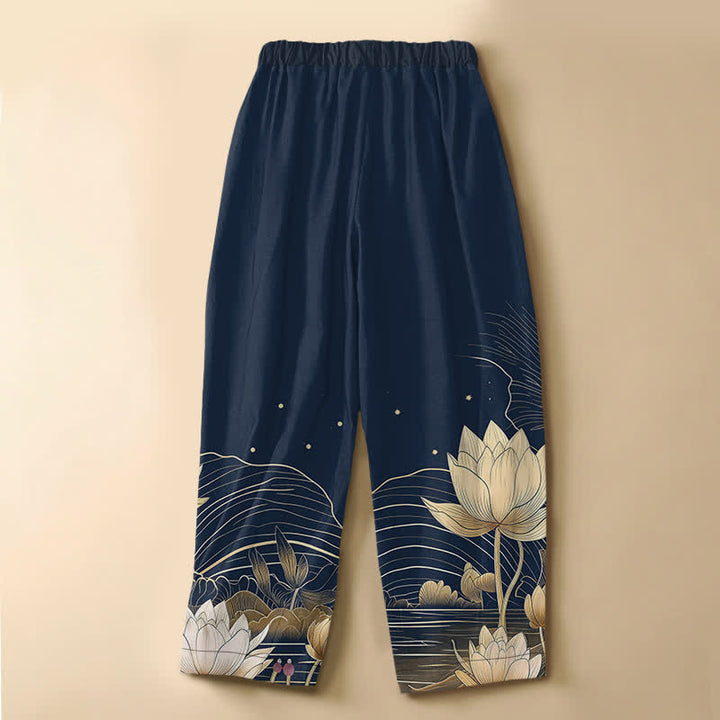 Buddha Stones Pure Cotton Golden Lotus Wave Pattern Frog Button Women's Elastic Waist Harem Pants With Pockets - image 6