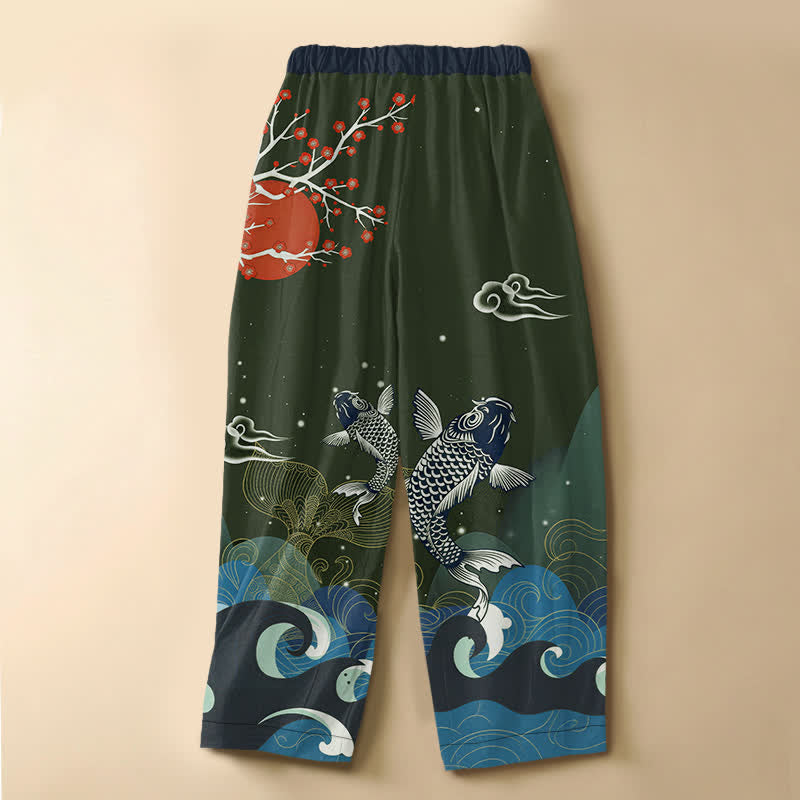 Buddha Stones Pure Cotton Oriental Koi Sun Wave Pattern Frog Button Women's Elastic Waist Harem Pants With Pockets - image 6