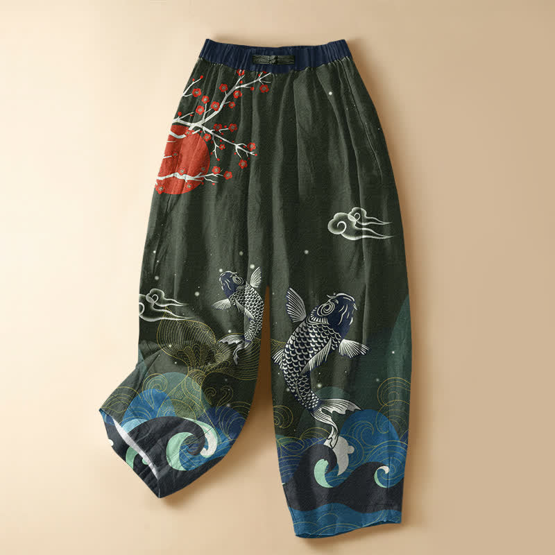 Buddha Stones Pure Cotton Oriental Koi Sun Wave Pattern Frog Button Women's Elastic Waist Harem Pants With Pockets - DarkGreen - US16，UK/AU20，EU48 (3XL) - image 5