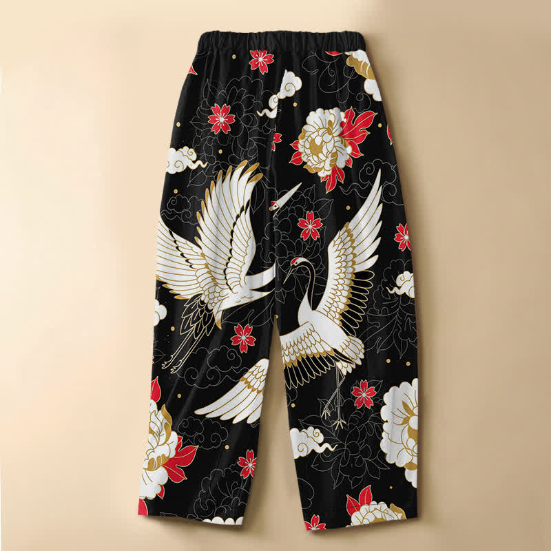 Buddha Stones Pure Cotton Vintage Crane Floral Pattern Frog Button Women's Elastic Waist Harem Pants With Pockets - image 1