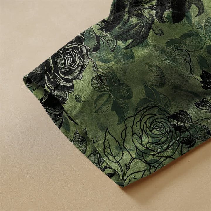 Buddha Stones Pure Cotton Vintage Rose Floral Pattern Frog Button Women's Elastic Waist Harem Pants With Pockets - image 3