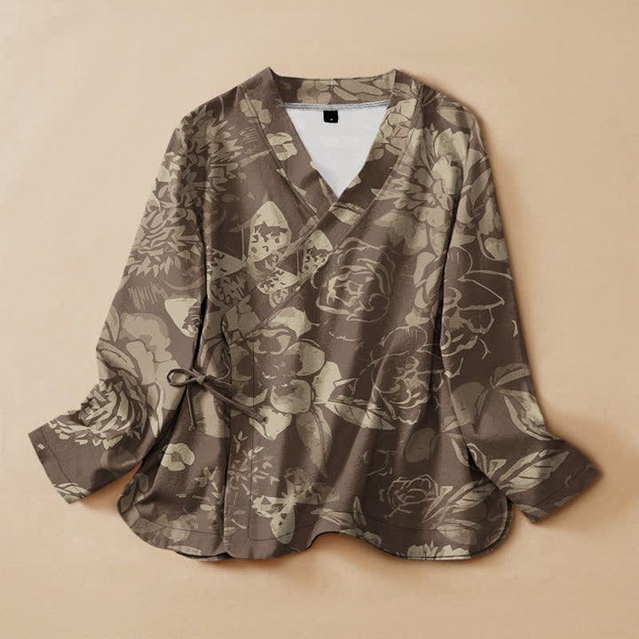 Buddha Stones Cotton Vintage Floral Print Hanfu Style Wrap V-Neck Lace-up Women's Long Sleeve Shirts - Olive - US16，UK/AU20，EU48 (3XL) - image 5
