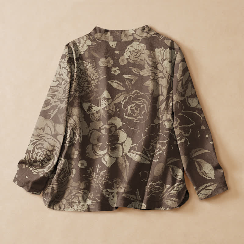 Buddha Stones Cotton Vintage Floral Print Hanfu Style Wrap V-Neck Lace-up Women's Long Sleeve Shirts - image 6