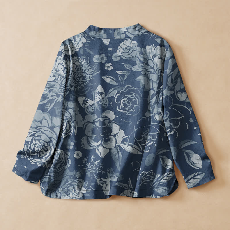 Buddha Stones Cotton Vintage Floral Print Hanfu Style Wrap V-Neck Lace-up Women's Long Sleeve Shirts - image 8