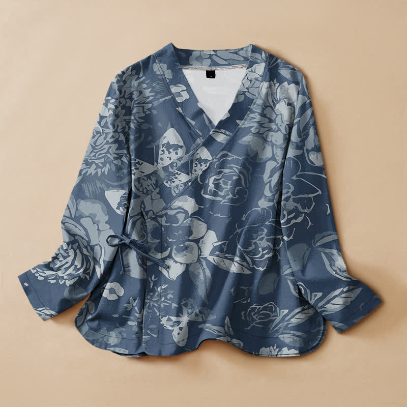 Buddha Stones Cotton Vintage Floral Print Hanfu Style Wrap V-Neck Lace-up Women's Long Sleeve Shirts - SteelBlue - US16，UK/AU20，EU48 (3XL) - image 7
