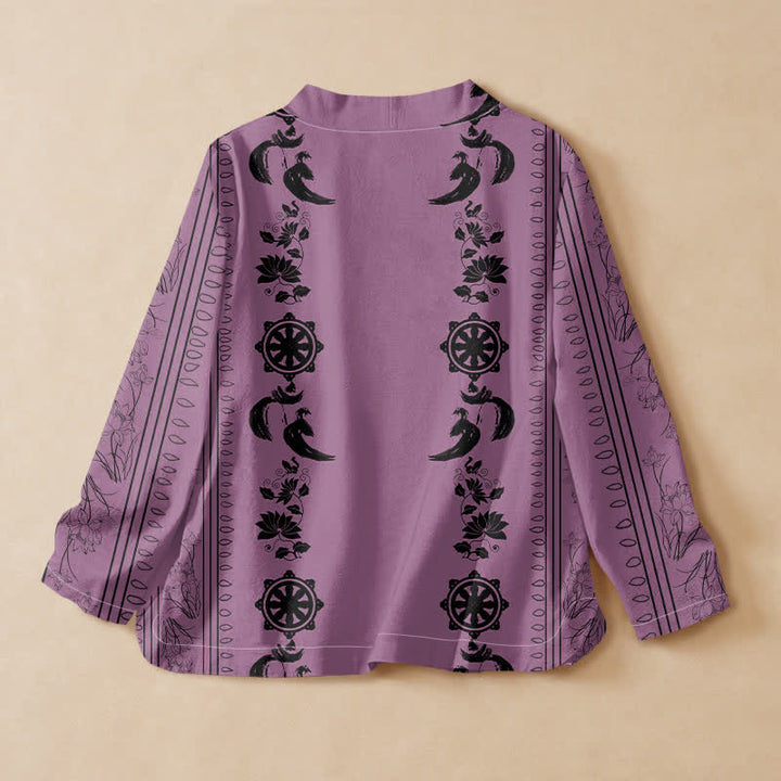 Buddha Stones Cotton Boho Floral Border Pattern Wrap V-Neck Lace-up Women's Long Sleeve Shirts Kimono - image 6