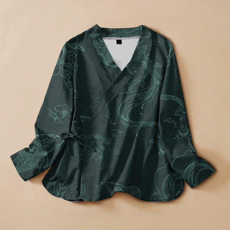 Buddha Stones Cotton Floral Koi Pattern Wrap V-Neck Lace-up Women's Long Sleeve Shirts Kimono - SeaGreen - US16，UK/AU20，EU48 (3XL) - image 5