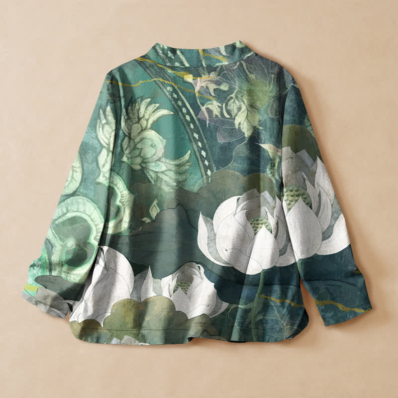 Buddha Stones Cotton White Lotus Leaf Print Hanfu Style Wrap V-Neck Lace-up Women's Long Sleeve Shirts Kimono - image 1