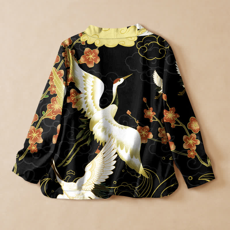 Buddha Stones Cotton White Crane Floral Print Hanfu Style Wrap V-Neck Lace-up Women's Long Sleeve Shirts Kimono - image 1