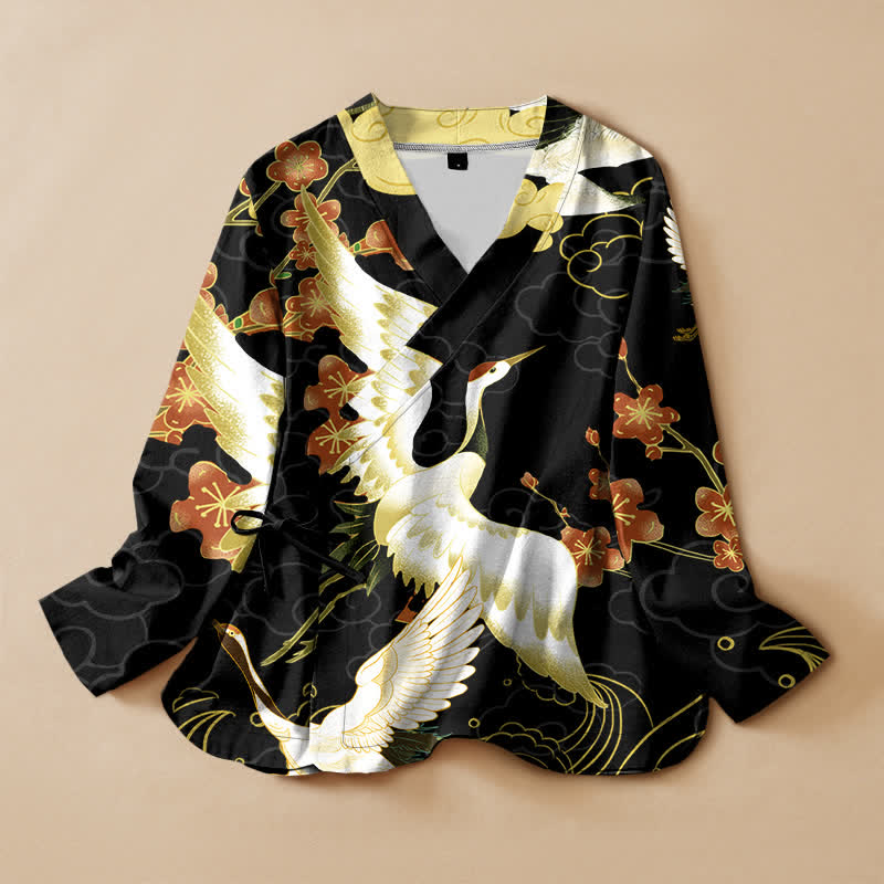 Buddha Stones Cotton White Crane Floral Print Hanfu Style Wrap V-Neck Lace-up Women's Long Sleeve Shirts Kimono - Black - US16，UK/AU20，EU48 (3XL) - image 0