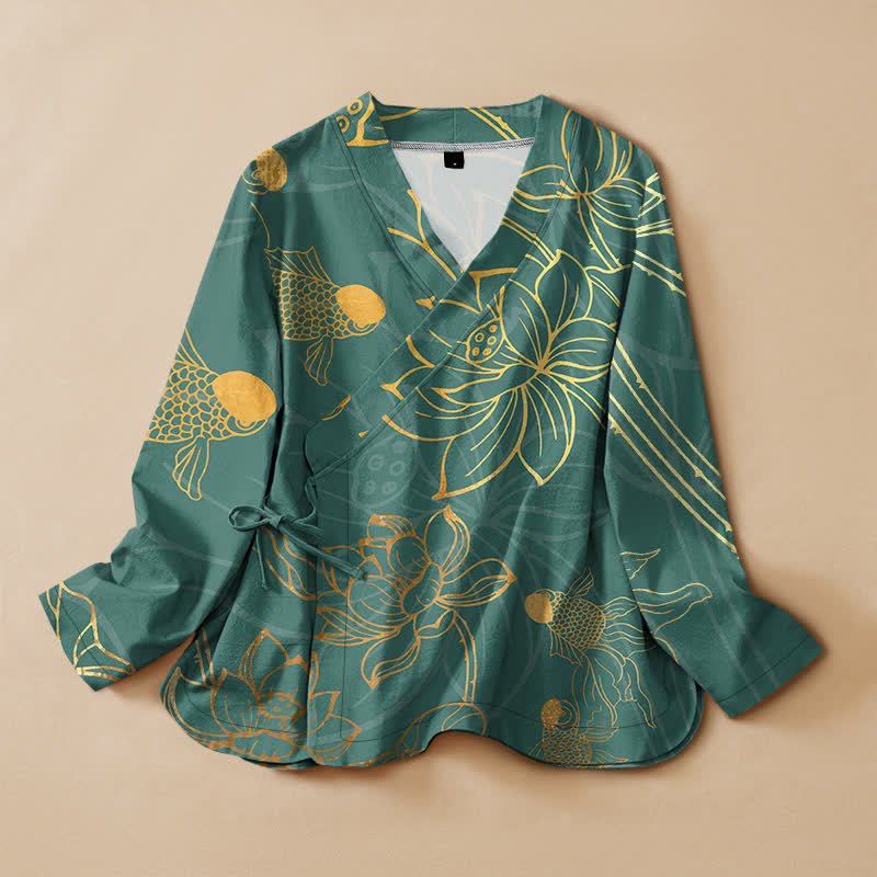 Buddha Stones Cotton Lotus Flower Fish Print Wrap V-Neck Lace-up Women's Long Sleeve Shirts Kimono - Teal - US16，UK/AU20，EU48 (3XL) - image 0
