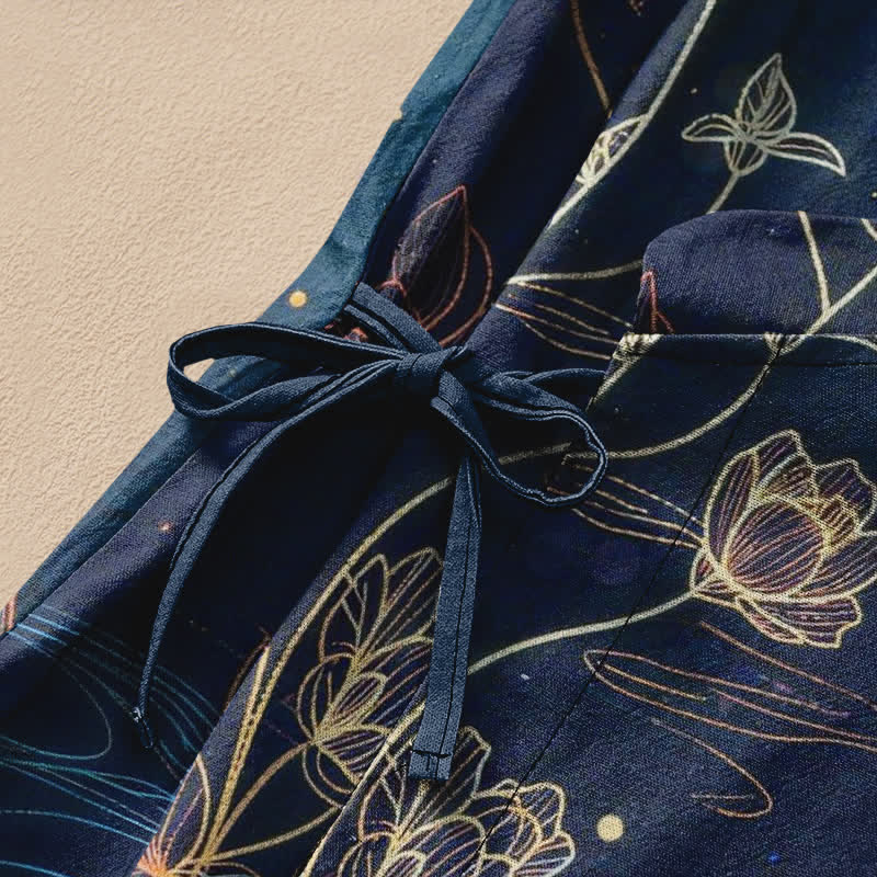 Buddha Stones Cotton Lotus Pond Koi Print Wrap V-Neck Lace-up Women's Long Sleeve Shirts Kimono - image 3