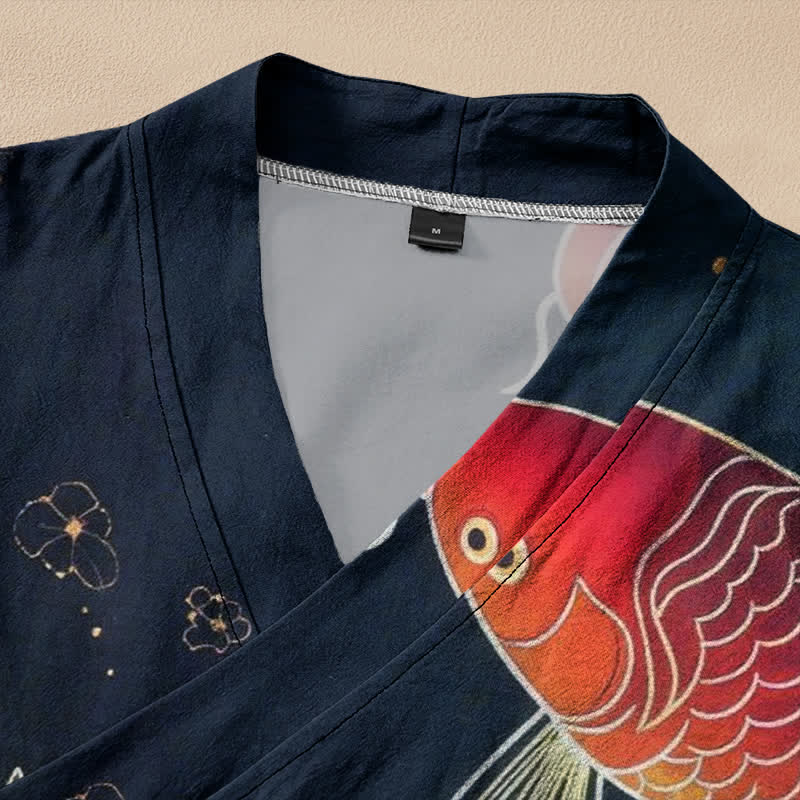 Buddha Stones Cotton Lotus Pond Koi Print Wrap V-Neck Lace-up Women's Long Sleeve Shirts Kimono - image 2