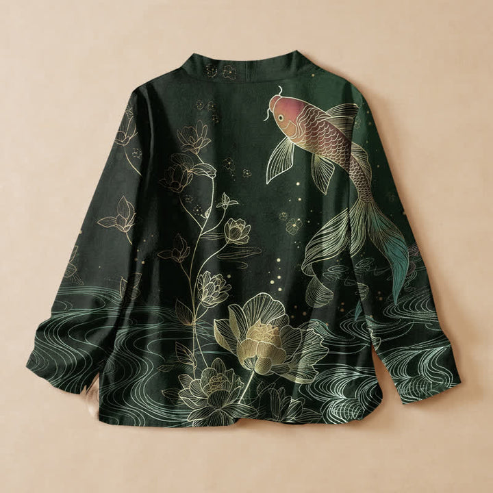 Buddha Stones Cotton Lotus Pond Koi Print Wrap V-Neck Lace-up Women's Long Sleeve Shirts Kimono - image 6