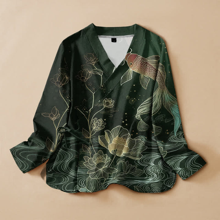 Buddha Stones Cotton Lotus Pond Koi Print Wrap V-Neck Lace-up Women's Long Sleeve Shirts Kimono - DarkGreen - US16，UK/AU20，EU48 (3XL) - image 5