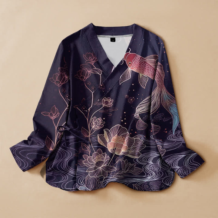 Buddha Stones Cotton Lotus Pond Koi Print Wrap V-Neck Lace-up Women's Long Sleeve Shirts Kimono - Indigo - US16，UK/AU20，EU48 (3XL) - image 7