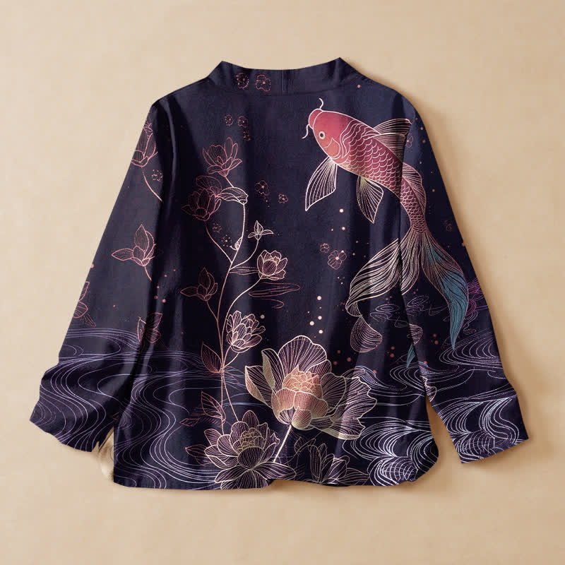 Buddha Stones Cotton Lotus Pond Koi Print Wrap V-Neck Lace-up Women's Long Sleeve Shirts Kimono - image 8