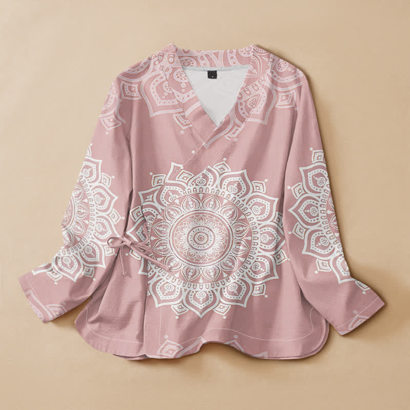Buddha Stones Cotton White Mandala Print Hanfu Style Wrap V-Neck Lace-up Women's Long Sleeve Shirts Kimono - LightPink - US16，UK/AU20，EU48 (3XL) - image 0
