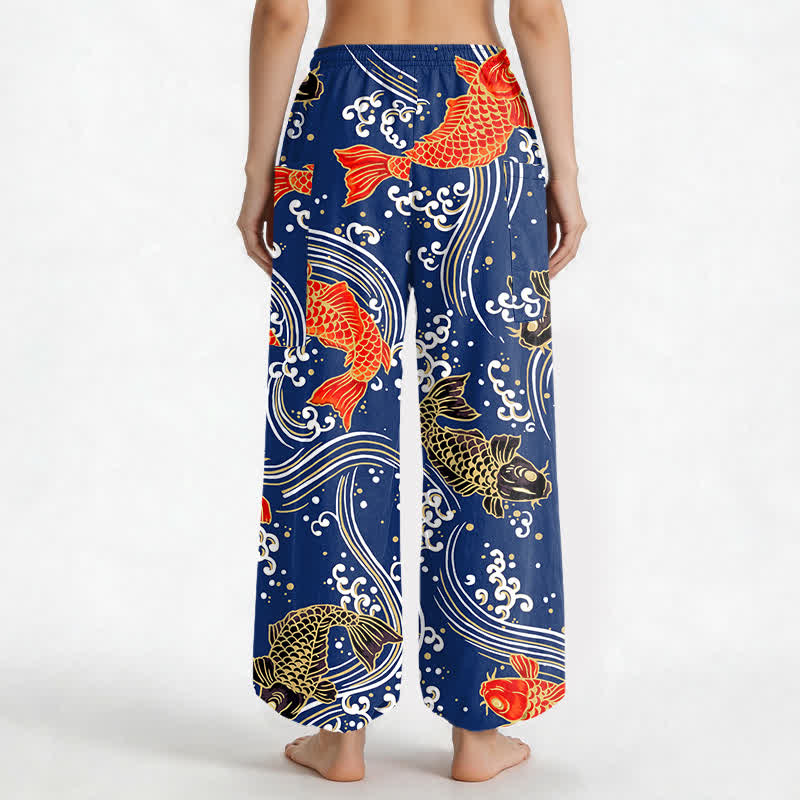 Buddha Stones Cotton Koi Wave Pattern Women's Elastic Waist Harem Pants With Side Pockets - image 2