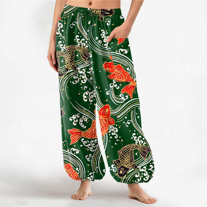 Buddha Stones Cotton Koi Wave Pattern Women's Elastic Waist Harem Pants With Side Pockets - DarkGreen - US16，UK/AU20，EU48 (3XL) - image 10