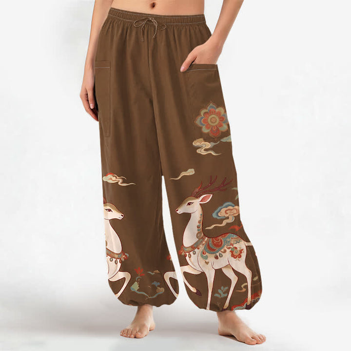 Buddha Stones Cotton Boho Deer Cloud Pattern Women's Elastic Waist Harem Pants With Side Pockets - Sienna - US16，UK/AU20，EU48 (3XL) - image 0