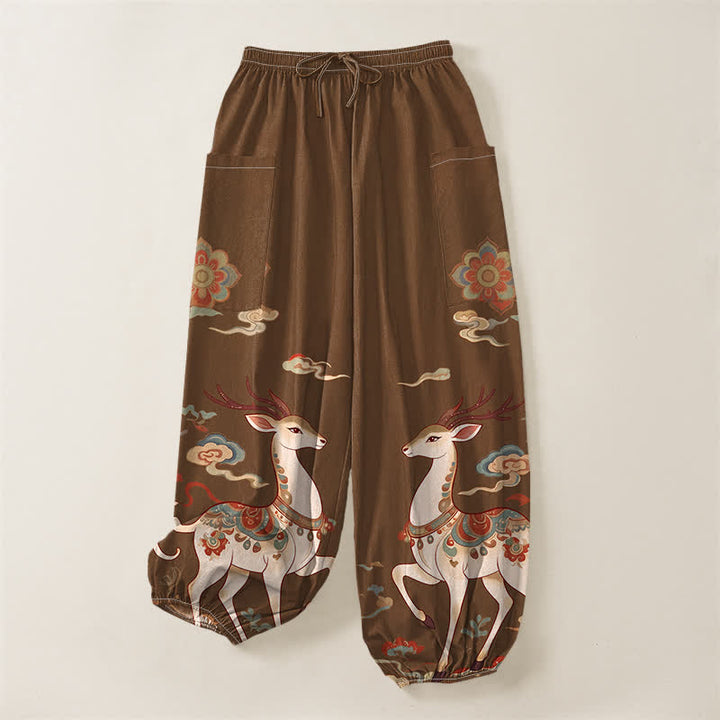 Buddha Stones Cotton Boho Deer Cloud Pattern Women's Elastic Waist Harem Pants With Side Pockets - image 3
