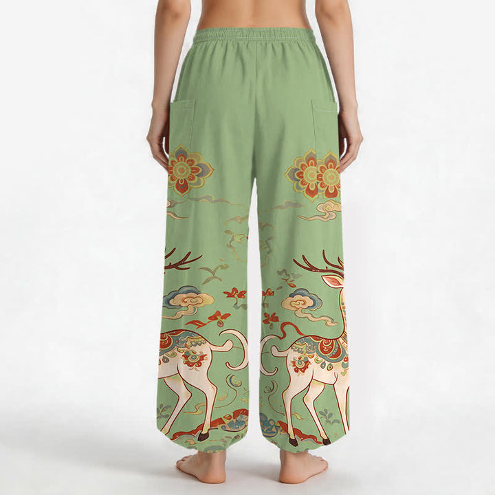 Buddha Stones Cotton Boho Deer Cloud Pattern Women's Elastic Waist Harem Pants With Side Pockets - image 12