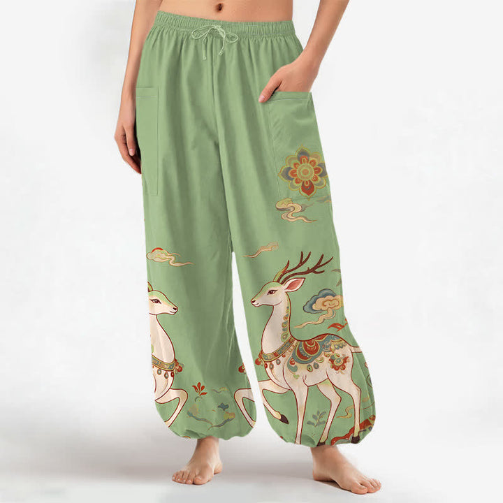 Buddha Stones Cotton Boho Deer Cloud Pattern Women's Elastic Waist Harem Pants With Side Pockets - PaleGreen - US16，UK/AU20，EU48 (3XL) - image 10