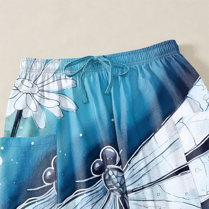 Buddha Stones Cotton Watercolor Dragonfly Daisy Pattern Women's Elastic Waist Harem Pants With Side Pockets - image 5