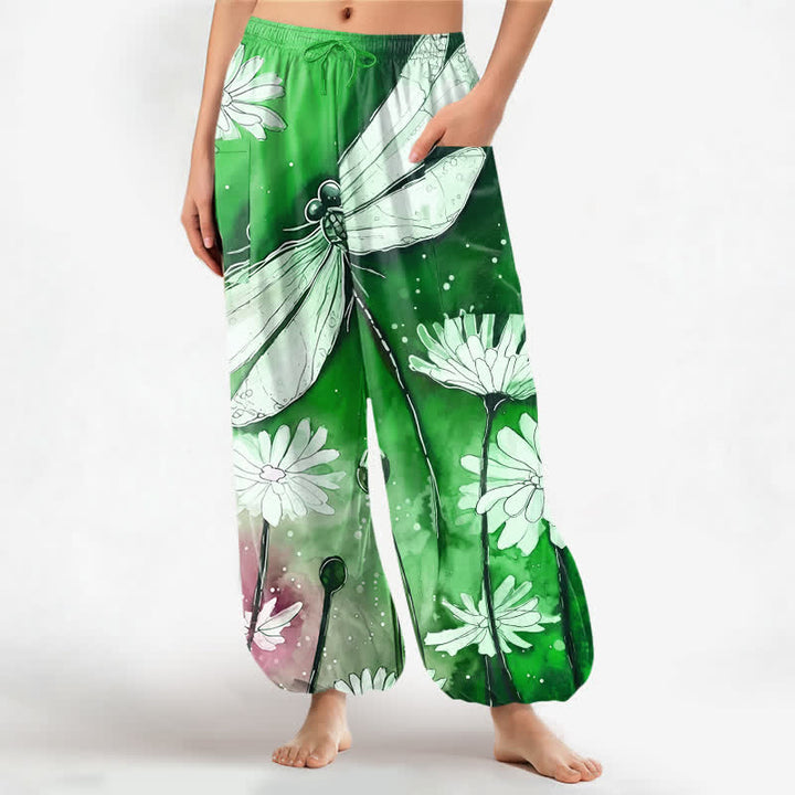 Buddha Stones Cotton Watercolor Dragonfly Daisy Pattern Women's Elastic Waist Harem Pants With Side Pockets - SpringGreen - US16，UK/AU20，EU48 (3XL) - image 7