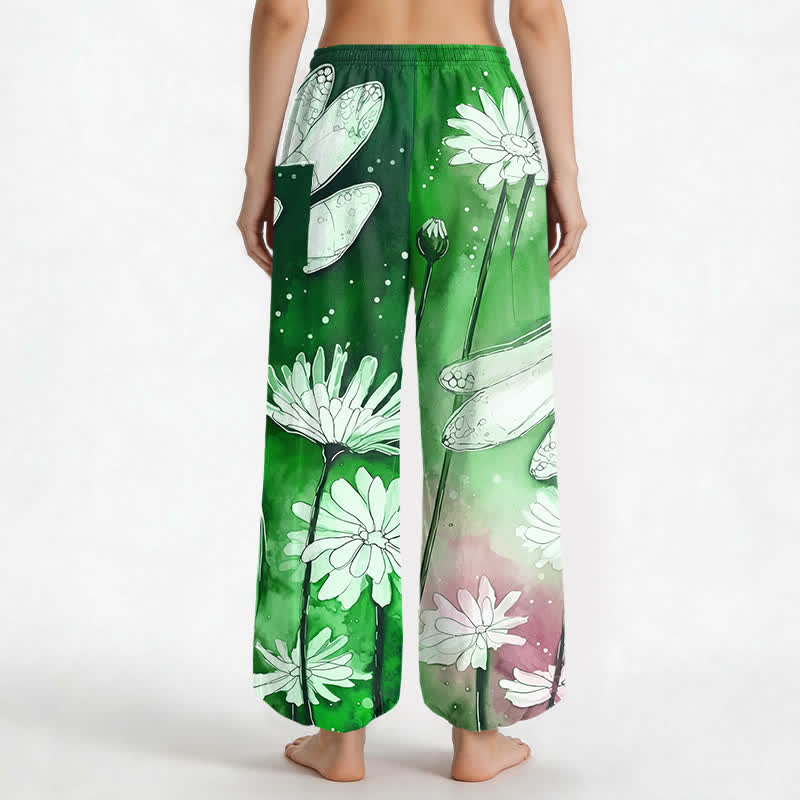 Buddha Stones Cotton Watercolor Dragonfly Daisy Pattern Women's Elastic Waist Harem Pants With Side Pockets - image 9