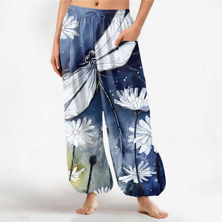 Buddha Stones Cotton Watercolor Dragonfly Daisy Pattern Women's Elastic Waist Harem Pants With Side Pockets - Navy - US16，UK/AU20，EU48 (3XL) - image 10