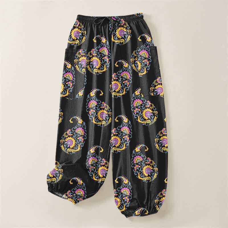 Buddha Stones Cotton Bohemian Persian Paisley Pattern Women's Elastic Waist Harem Pants With Side Pockets - image 3
