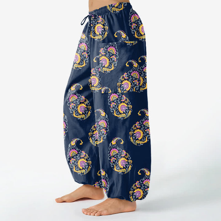 Buddha Stones Cotton Bohemian Persian Paisley Pattern Women's Elastic Waist Harem Pants With Side Pockets - image 8